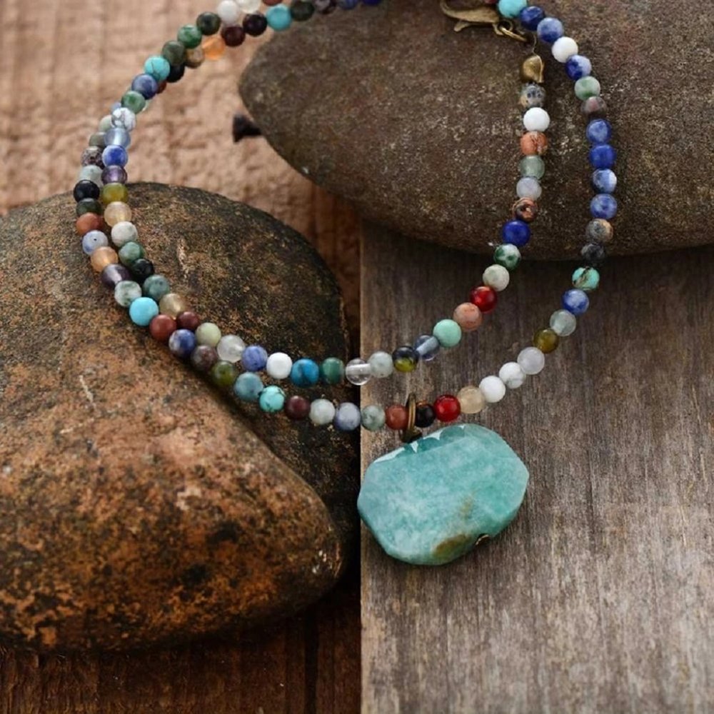 Raw Amazonite Natural Stone Beaded Pendant Necklace